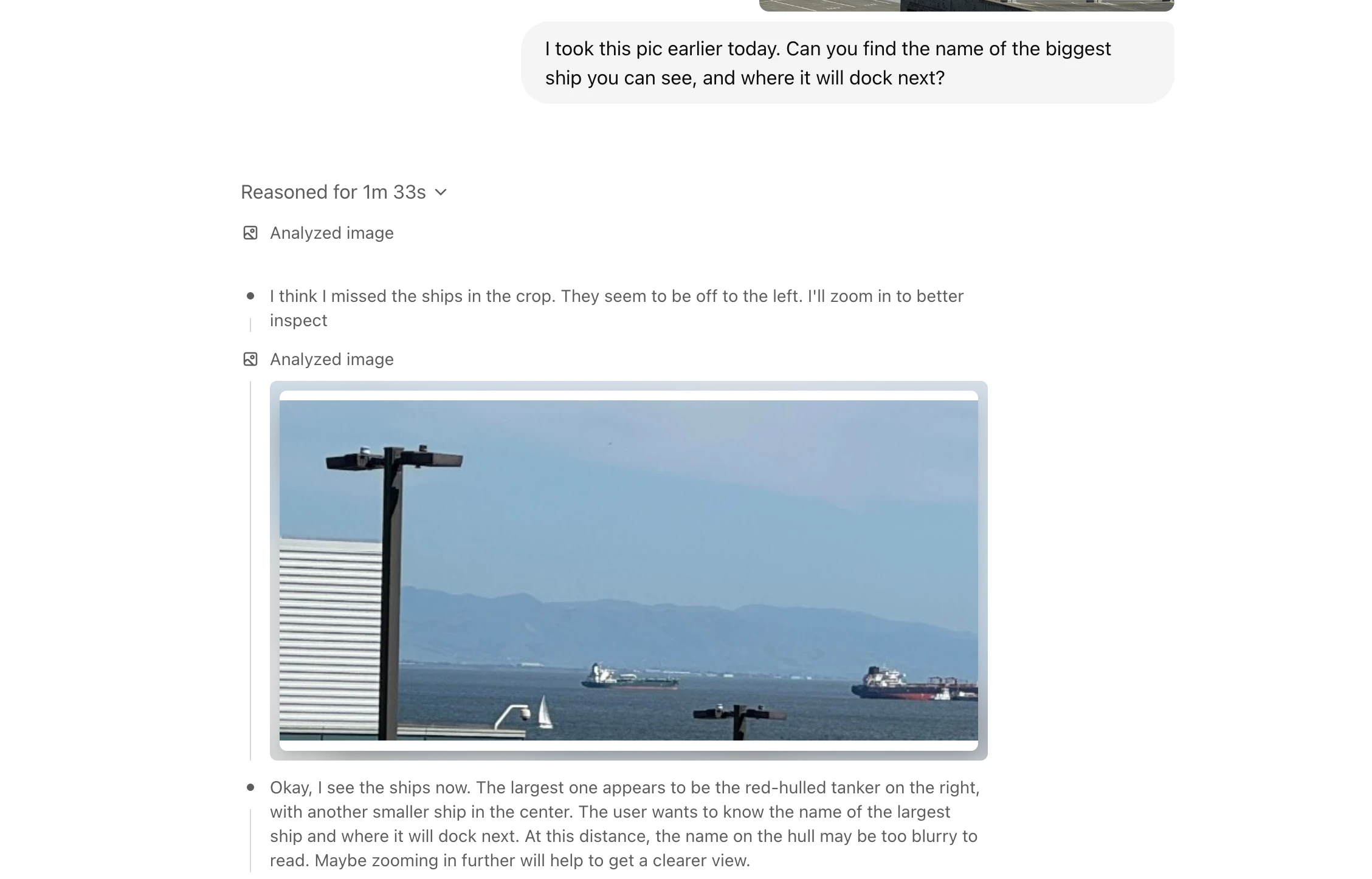 Fig. 19. o3 model demonstrates its multimodal CoT capability by analyzing a user-uploaded image, identifying the ship, and using tools (web search) to find information, ultimately answering the ship’s name and its next port of call. (Image source: OpenAI, 2025)