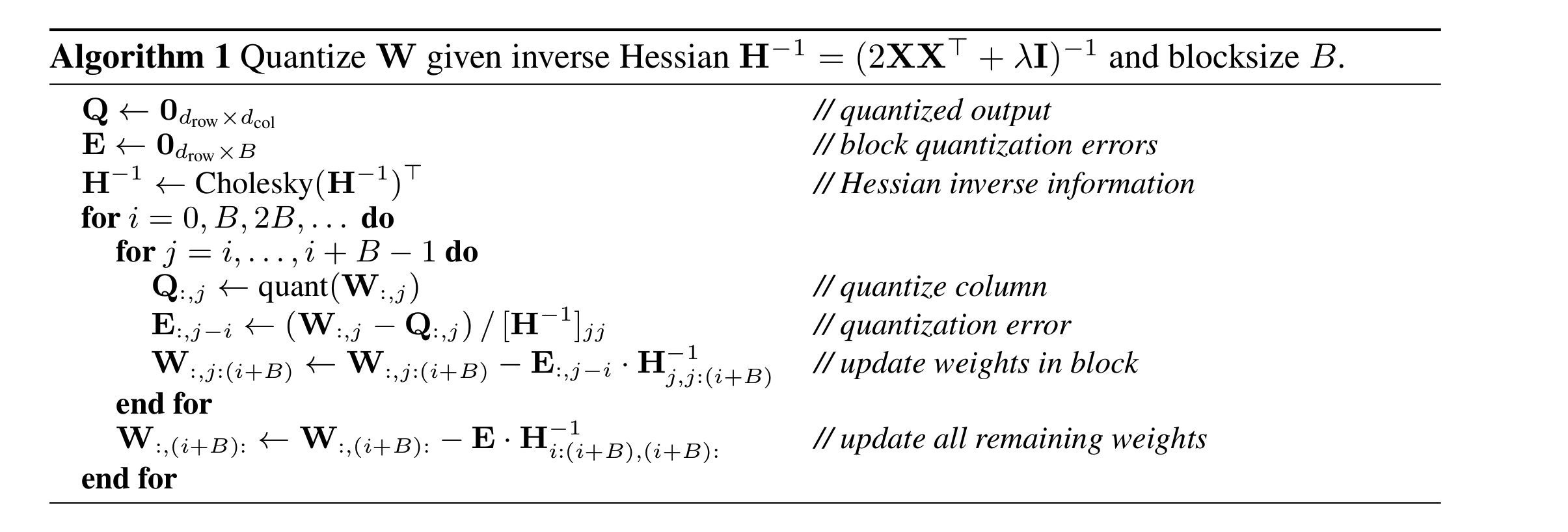 Fig. 17. The pseudocode for GPTQ algorithm. (Image source: Frantar et al. 2022)
